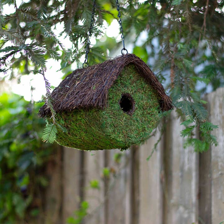 Woven Moss Bird House with Sloped Twig Roof — Green
