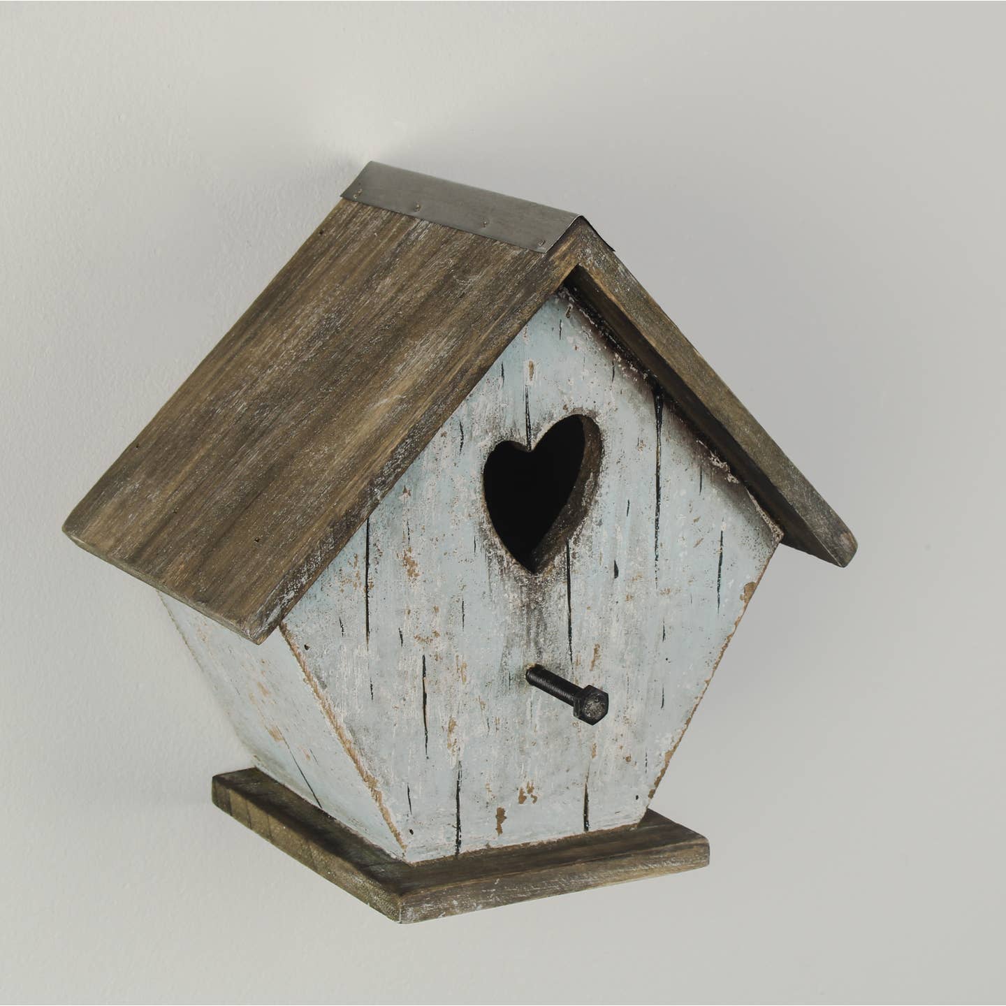 Light Blue Wooden Birdhouse with Heart Cut-Out and Weathered Finish — 19.7cm