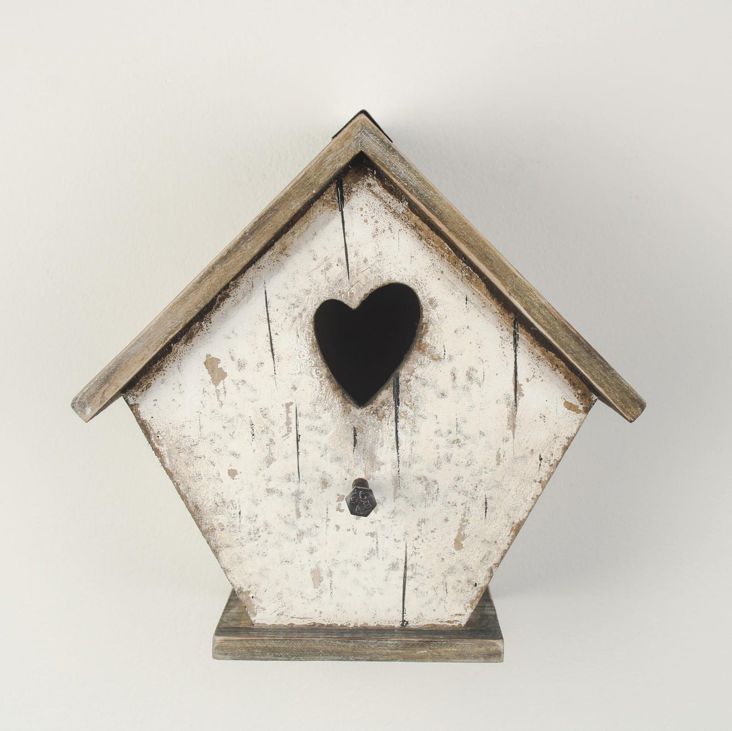 White Wooden Birdhouse with Heart Cut-Out and Weathered Finish — 19.7cm