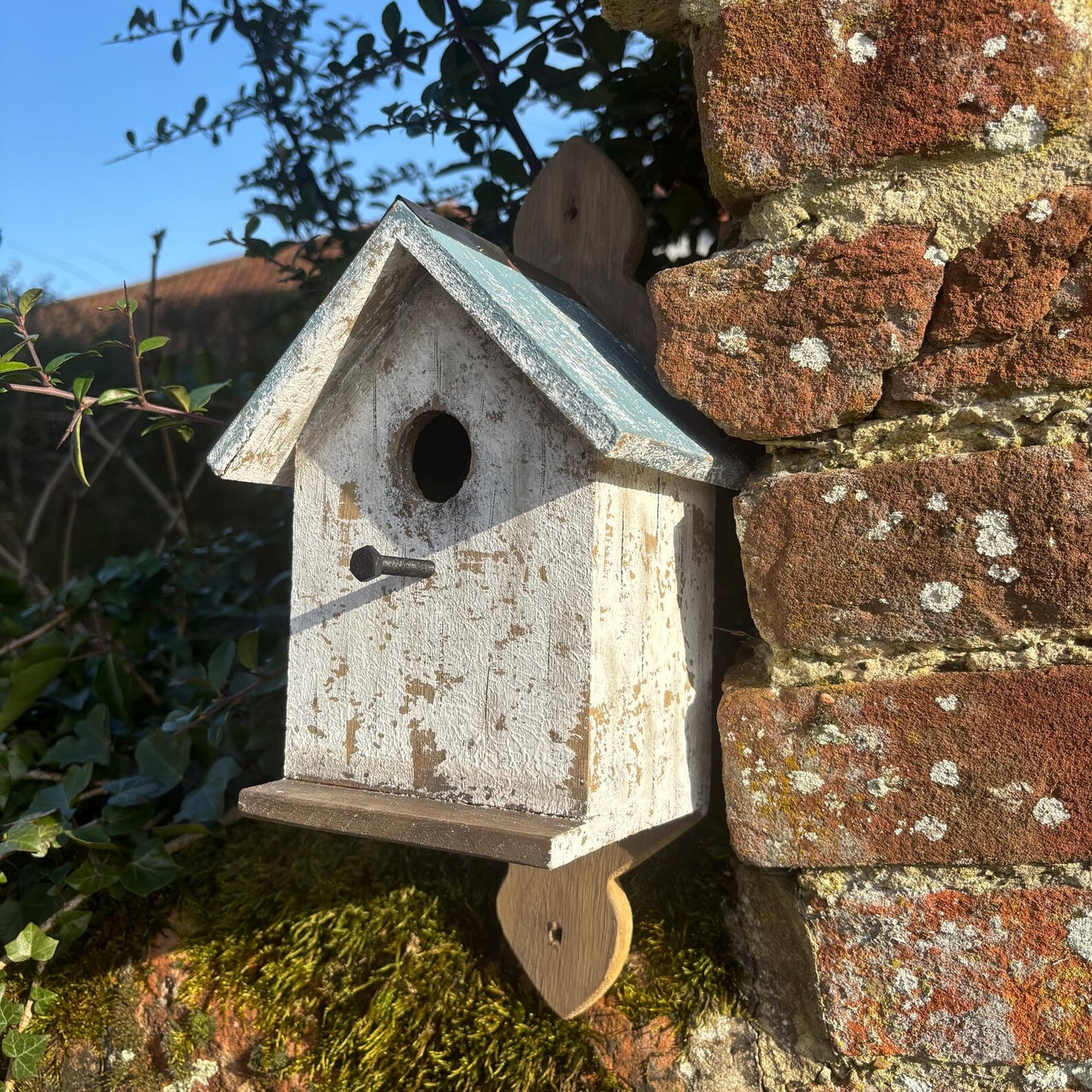 White Wooden Birdhouse on Decorative Plaque with Blue Roof — 35cm