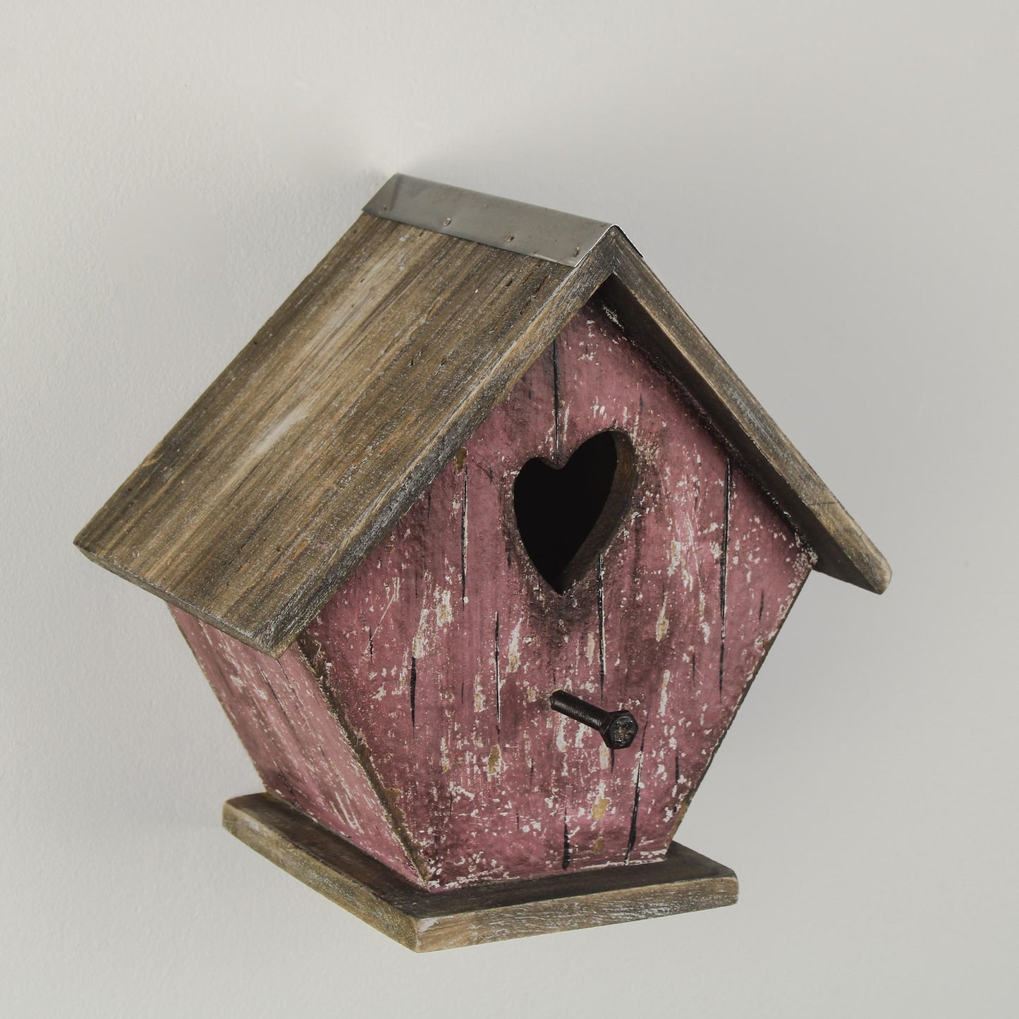 Pink Wooden Birdhouse with Heart Cut-Out and Weathered Finish — 19.7cm