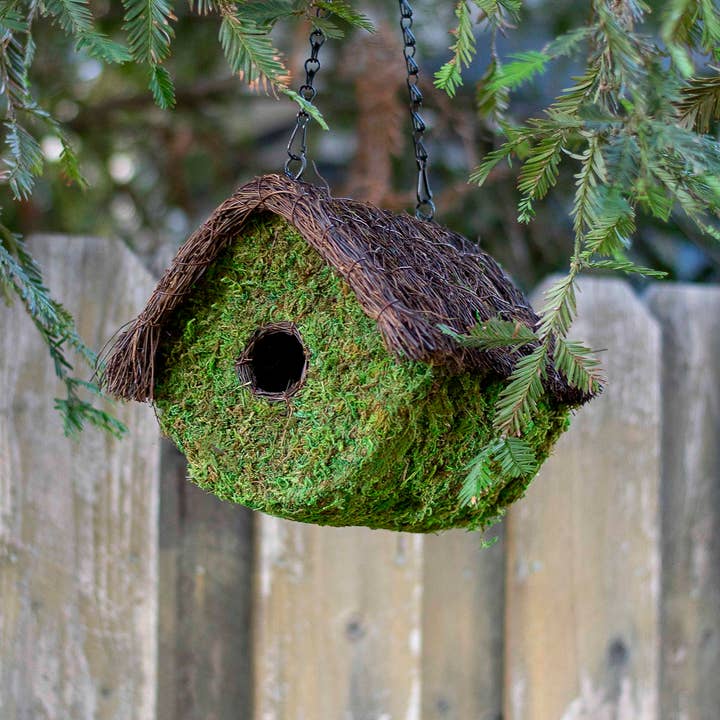 Woven Moss Bird House with Sloped Twig Roof — Green