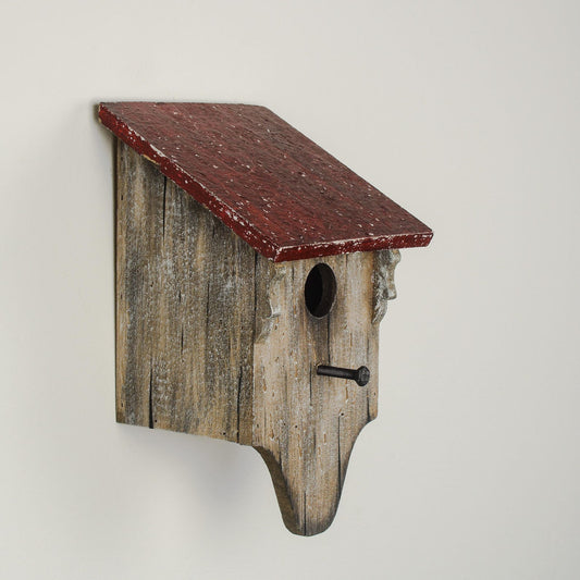 Red Roof Wooden Birdhouse with Weathered Finish — 24cm