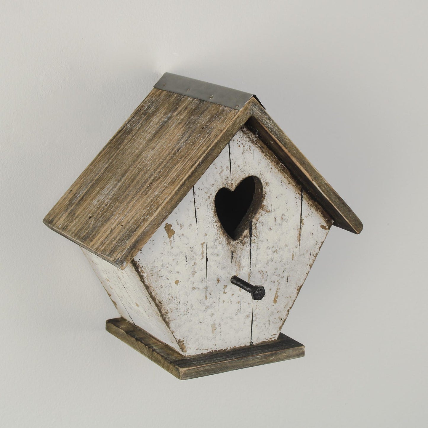 White Wooden Birdhouse with Heart Cut-Out and Weathered Finish — 19.7cm