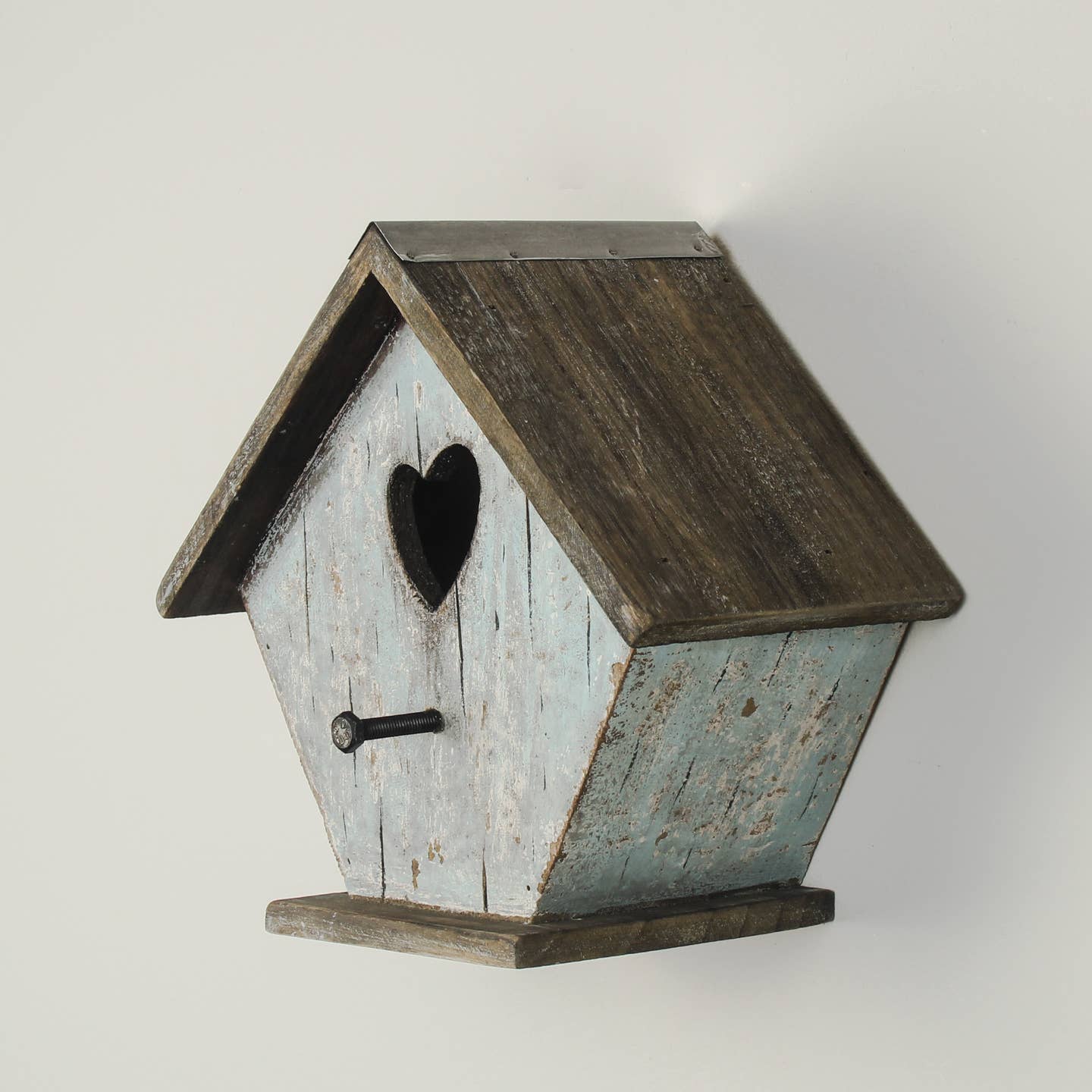 Light Blue Wooden Birdhouse with Heart Cut-Out and Weathered Finish — 19.7cm