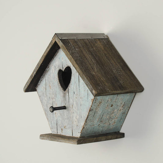Light Blue Wooden Birdhouse with Heart Cut-Out and Weathered Finish — 19.7cm