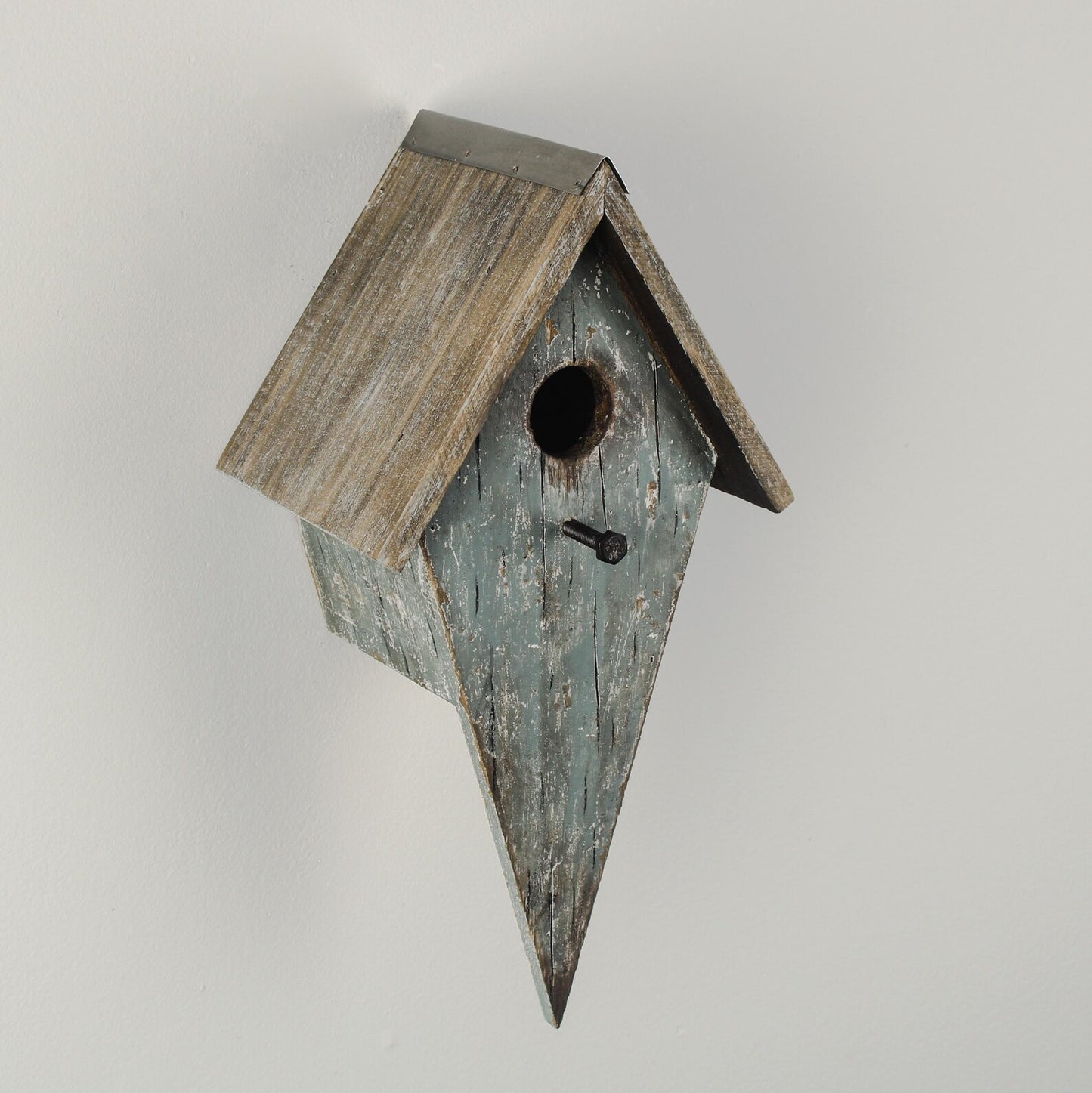 Blue Diamond-Shaped Wooden Birdhouse with Natural Roof — 30cm
