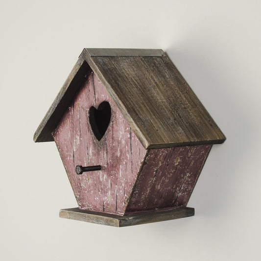 Pink Wooden Birdhouse with Heart Cut-Out and Weathered Finish — 19.7cm