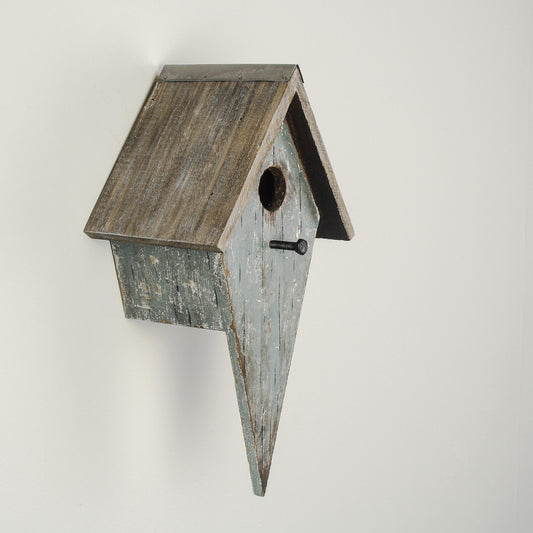 Blue Diamond-Shaped Wooden Birdhouse with Natural Roof — 30cm
