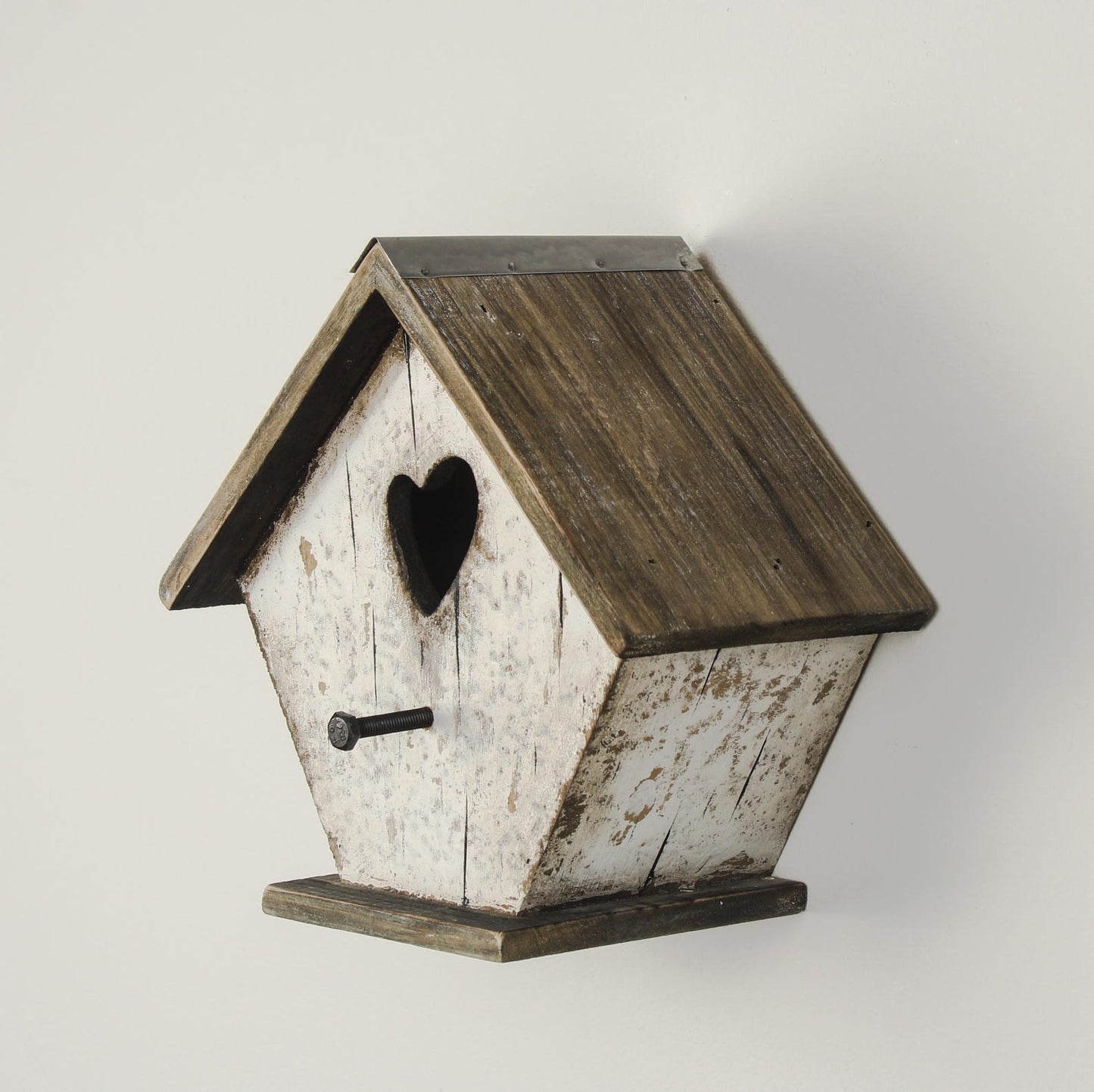 White Wooden Birdhouse with Heart Cut-Out and Weathered Finish — 19.7cm