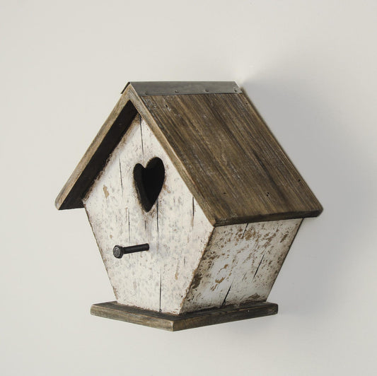 White Wooden Birdhouse with Heart Cut-Out and Weathered Finish — 19.7cm