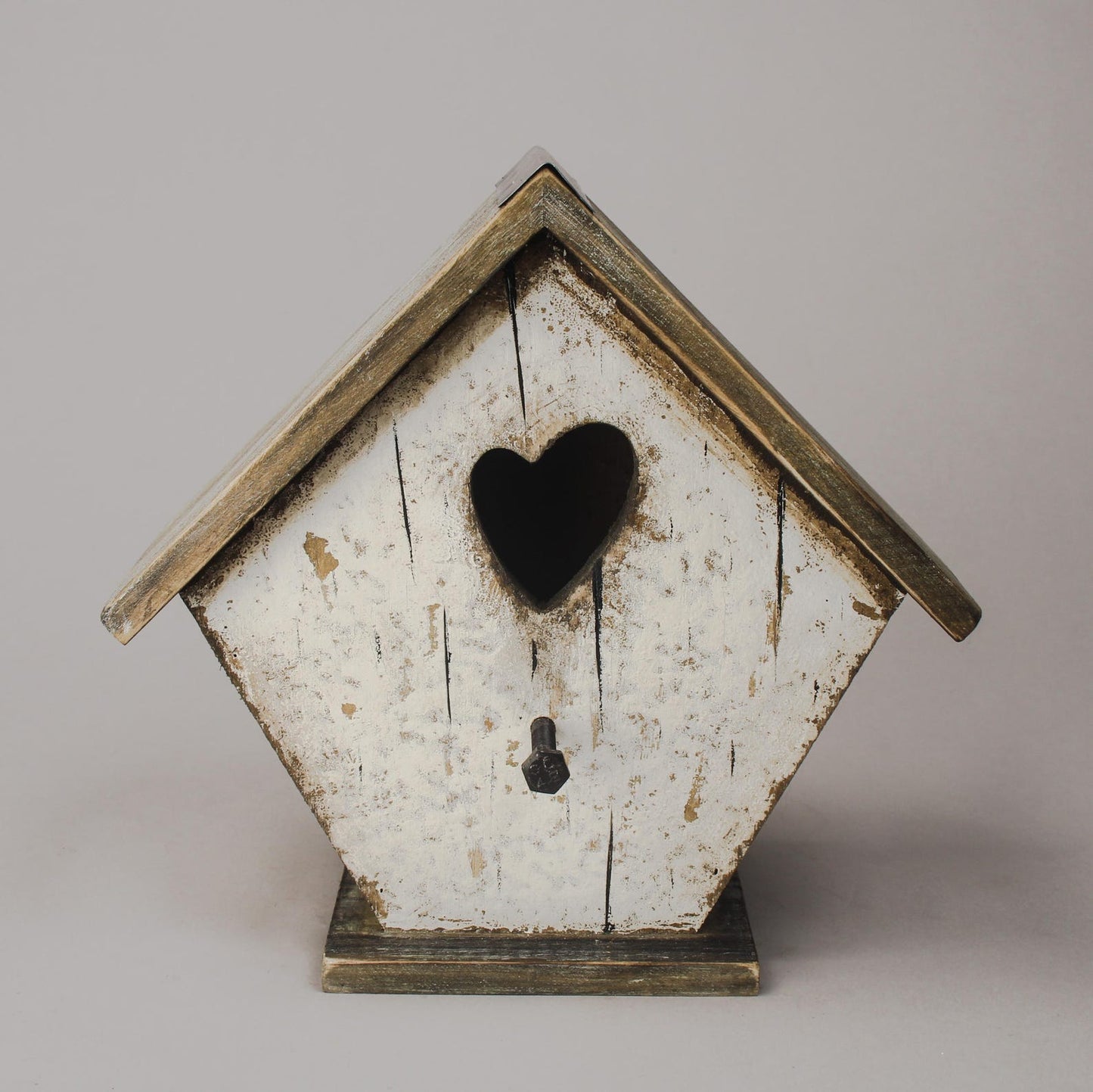 White Wooden Birdhouse with Heart Cut-Out and Weathered Finish — 19.7cm
