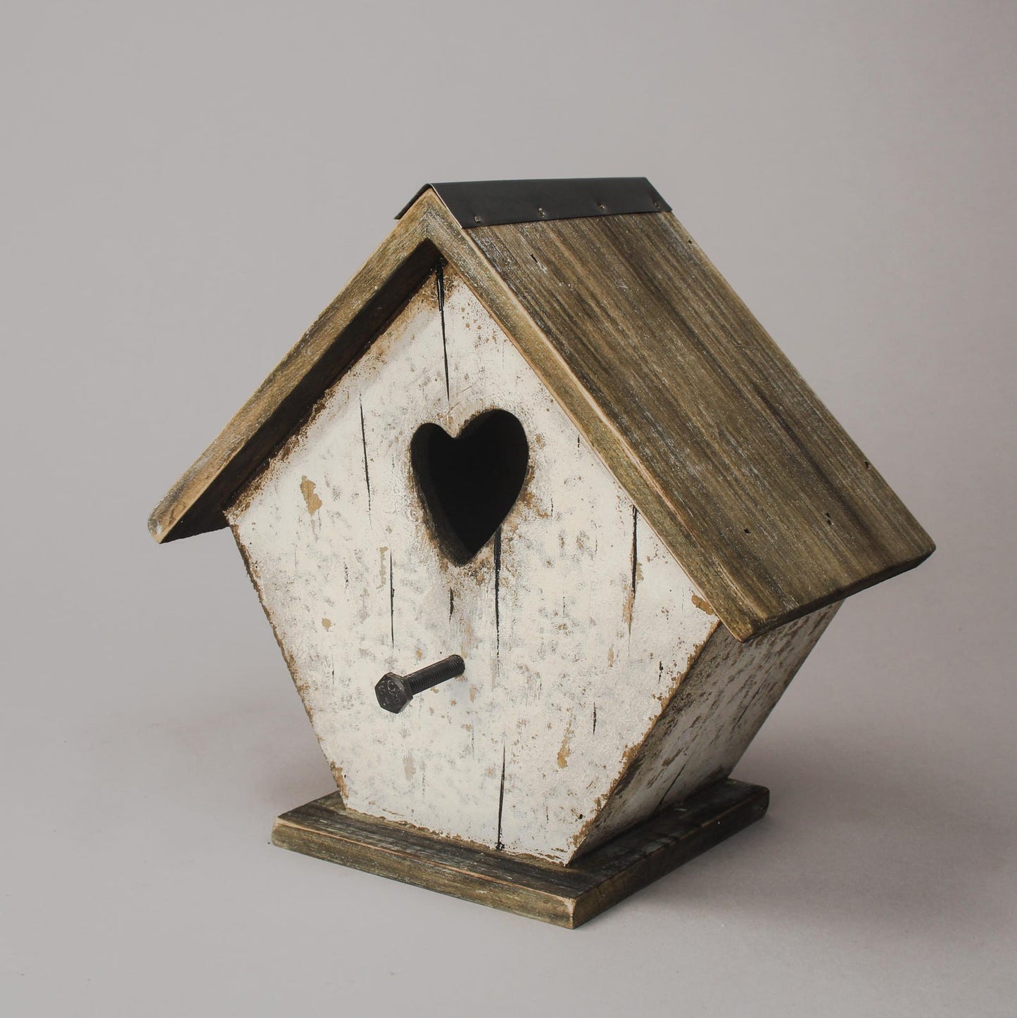 White Wooden Birdhouse with Heart Cut-Out and Weathered Finish — 19.7cm
