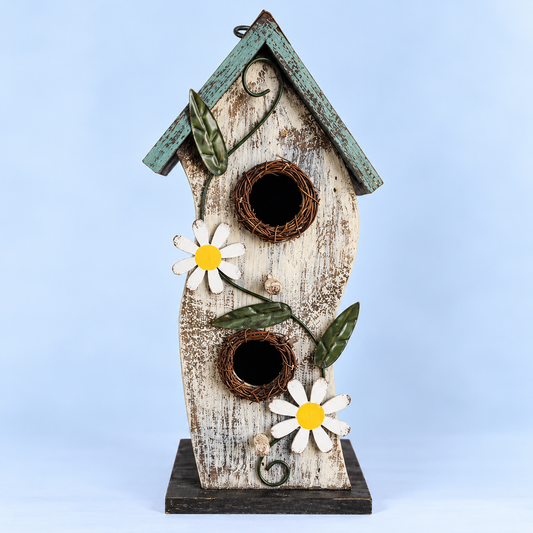 Cream Wooden Birdhouse with Daisies & Teal Roof – 2 Entrances, 33 cm