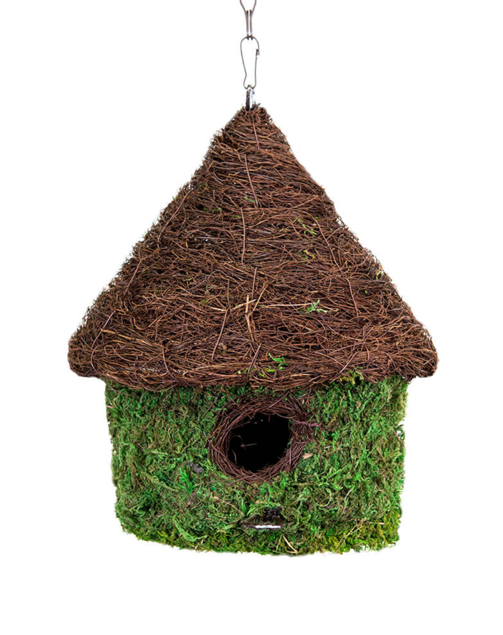 Woven Moss Bird House with Twig Roof — Green