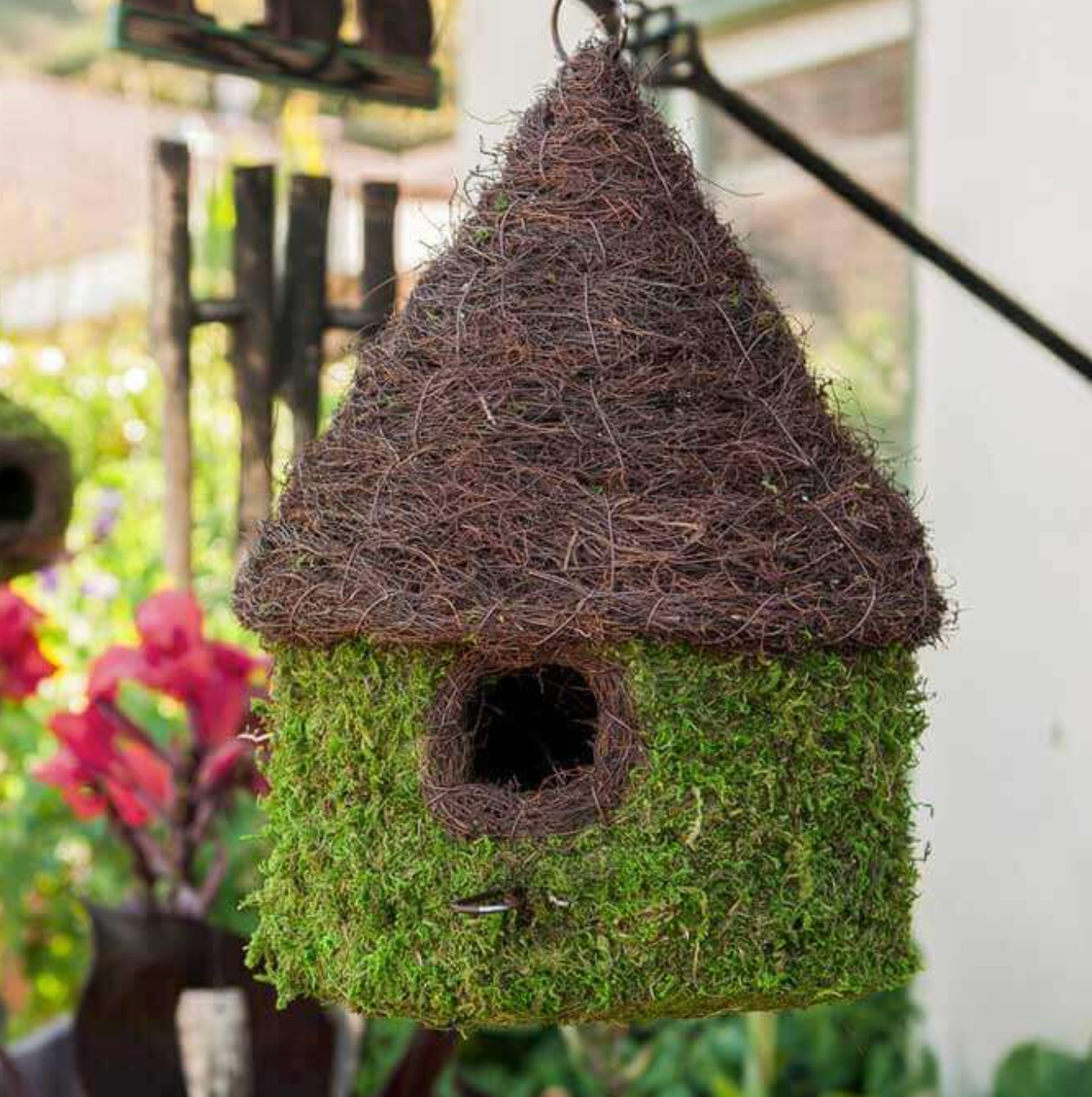 Woven Moss Bird House with Twig Roof — Green