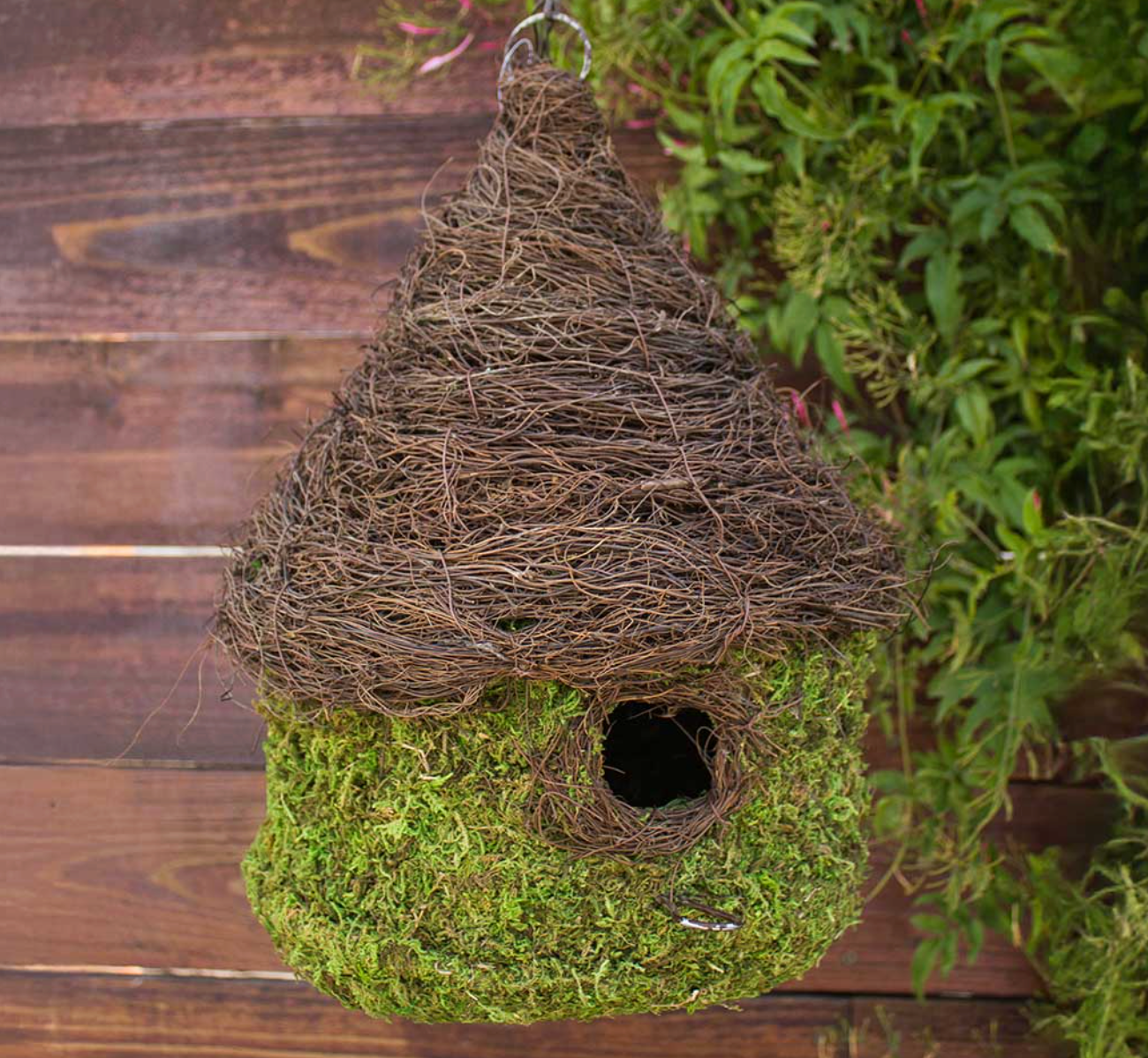 Woven Moss Bird House with Twig Roof — Green