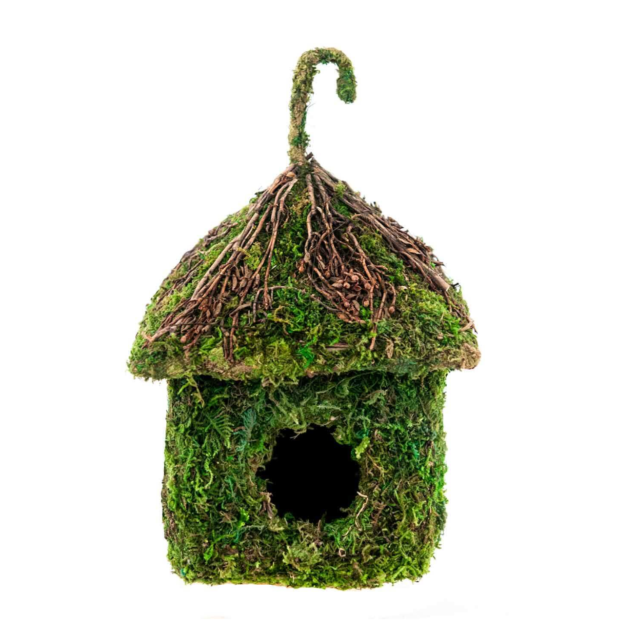 Decorative Moss Bird House with Twig Roof — Green