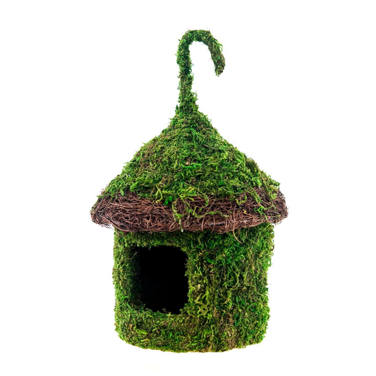 Decorative Moss Bird House with Wicker Brim — Green