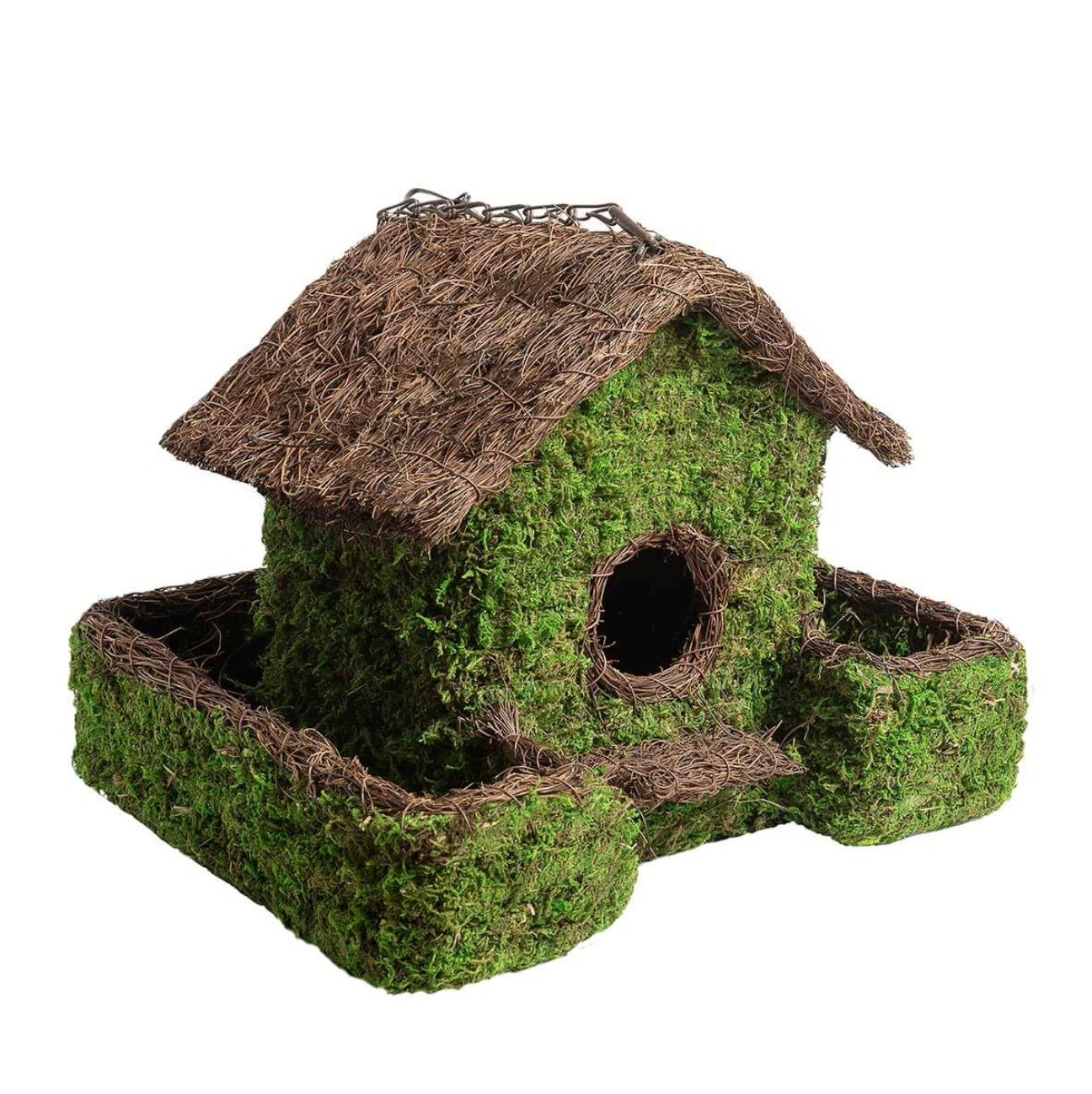 Woven Moss Bird House with Planter Base — Green