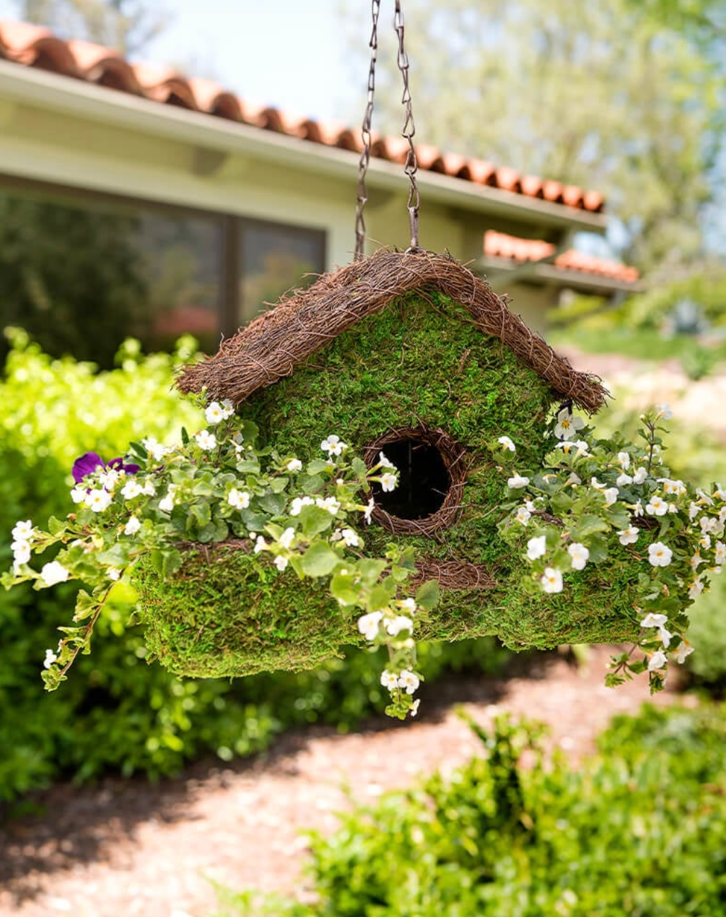 Woven Moss Bird House with Planter Base — Green
