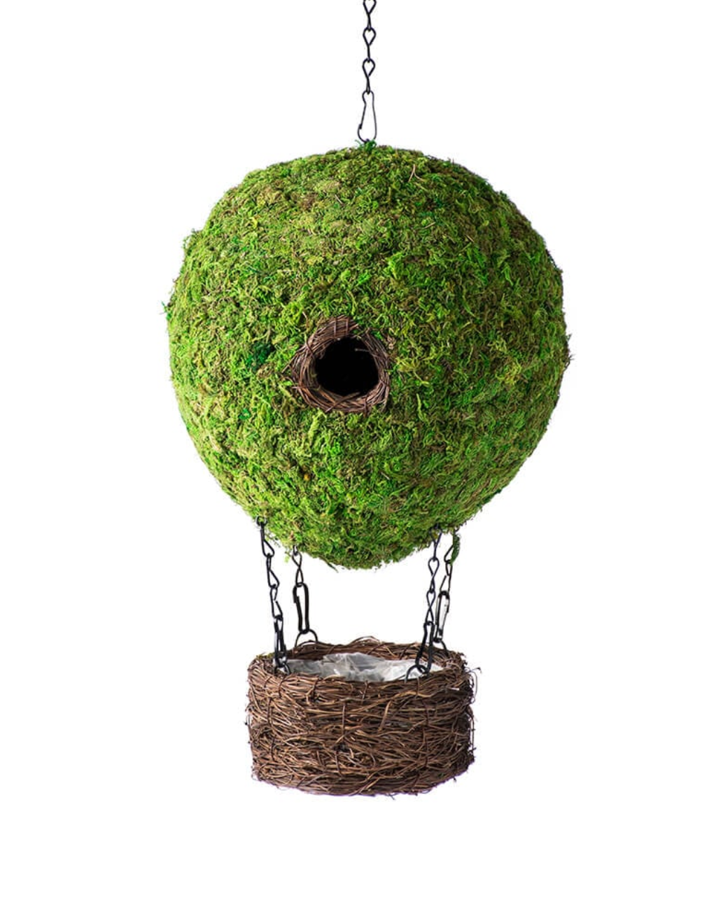 Spherical Moss Bird House with Hanging Planter Basket — Green