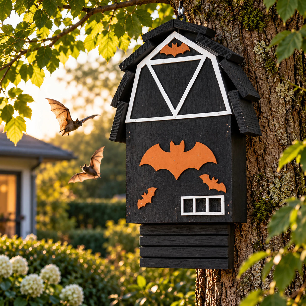 Wooden Bat House, Black – 12.2 in Bat Box for Garden Poles & Walls