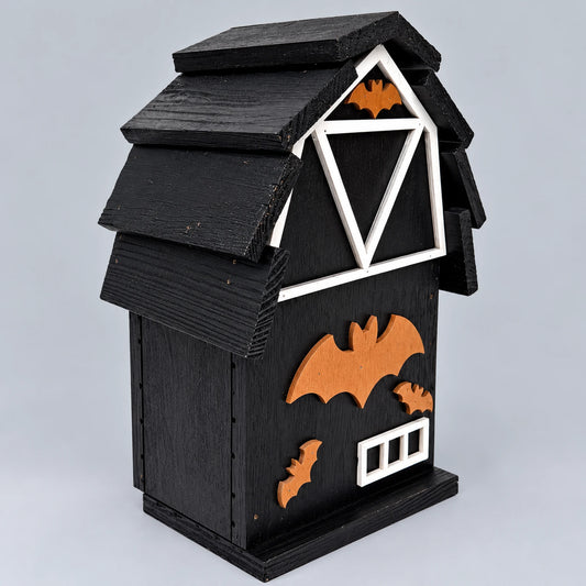 Black Barn-Style Wooden Bat House with Orange Bats, 31 cm