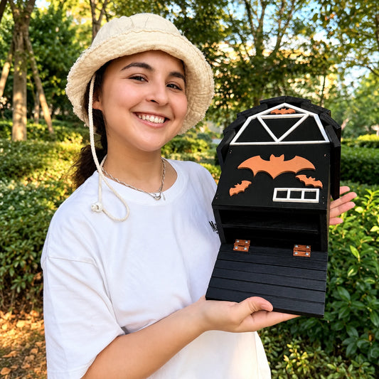 Black Barn-Style Wooden Bat House with Orange Bats, view 2 of 8