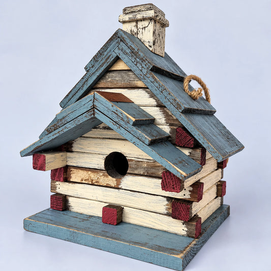 Log Cabin Wooden Birdhouse with Chimney, Cream & Blue, view 2 of 6