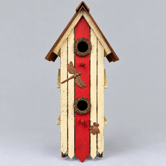 Tall Wooden Birdhouse with Dragonflies, Cream & Red – 2 Entrances, 49 cm
