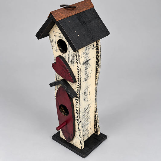 Tall Slim Wooden Birdhouse with Red Heart, Cream & Black, view 2 of 7
