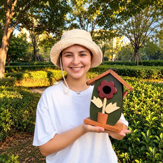 Green Wooden Birdhouse with Red Flower Entrance & Tulips, view 2 of 6