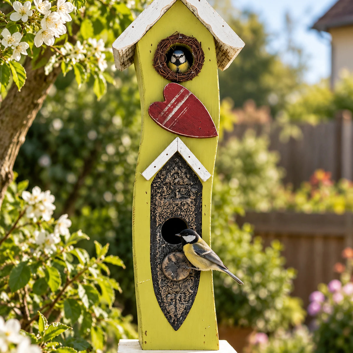 Tall Slim Birdhouse, Green with White Roof – 16.1 in Bird House