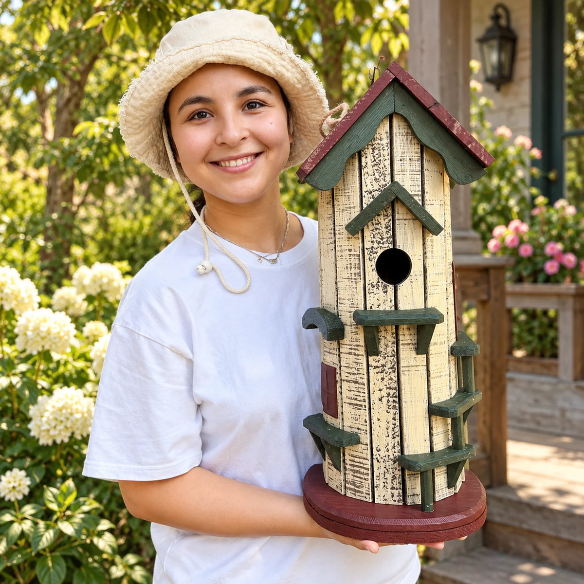 Tall Hanging Birdhouse, White with Red Roof – 20.1 in Bird House