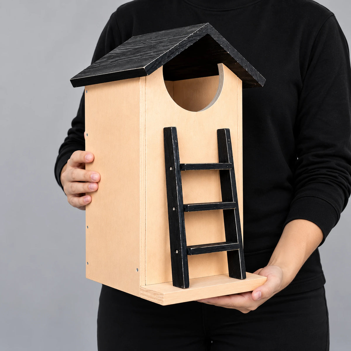 Wooden Owl House, Natural with Black Roof – 18.1 in Nesting Box