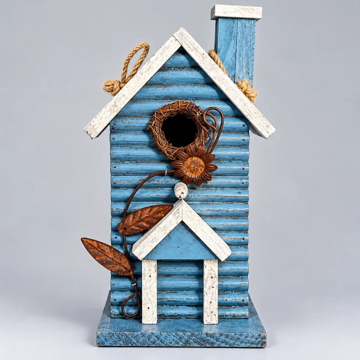 Birdhouse, Blue with White Roof – 11 in Bird House for Garden