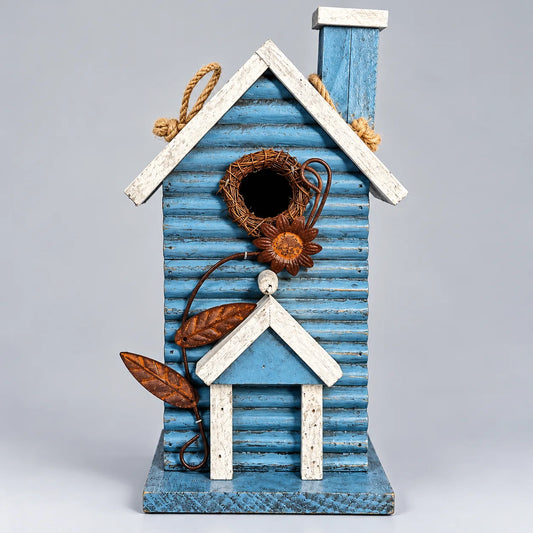 Blue Wooden Birdhouse with Chimney & Metal Flower – Hanging, 28 cm