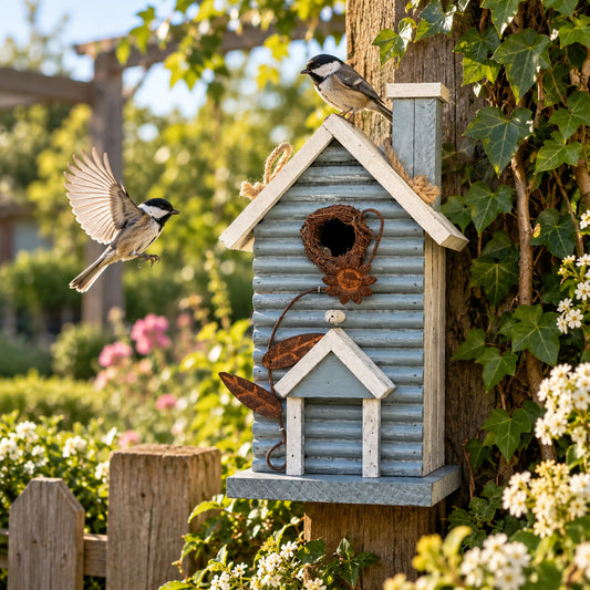 Blue Wooden Birdhouse with Chimney & Metal Flower – Hanging, view 2 of 7