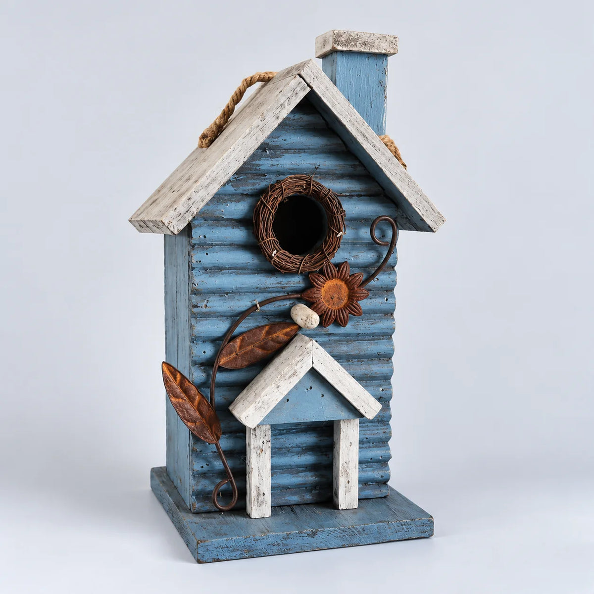 Birdhouse, Blue with White Roof – 11 in Bird House for Garden