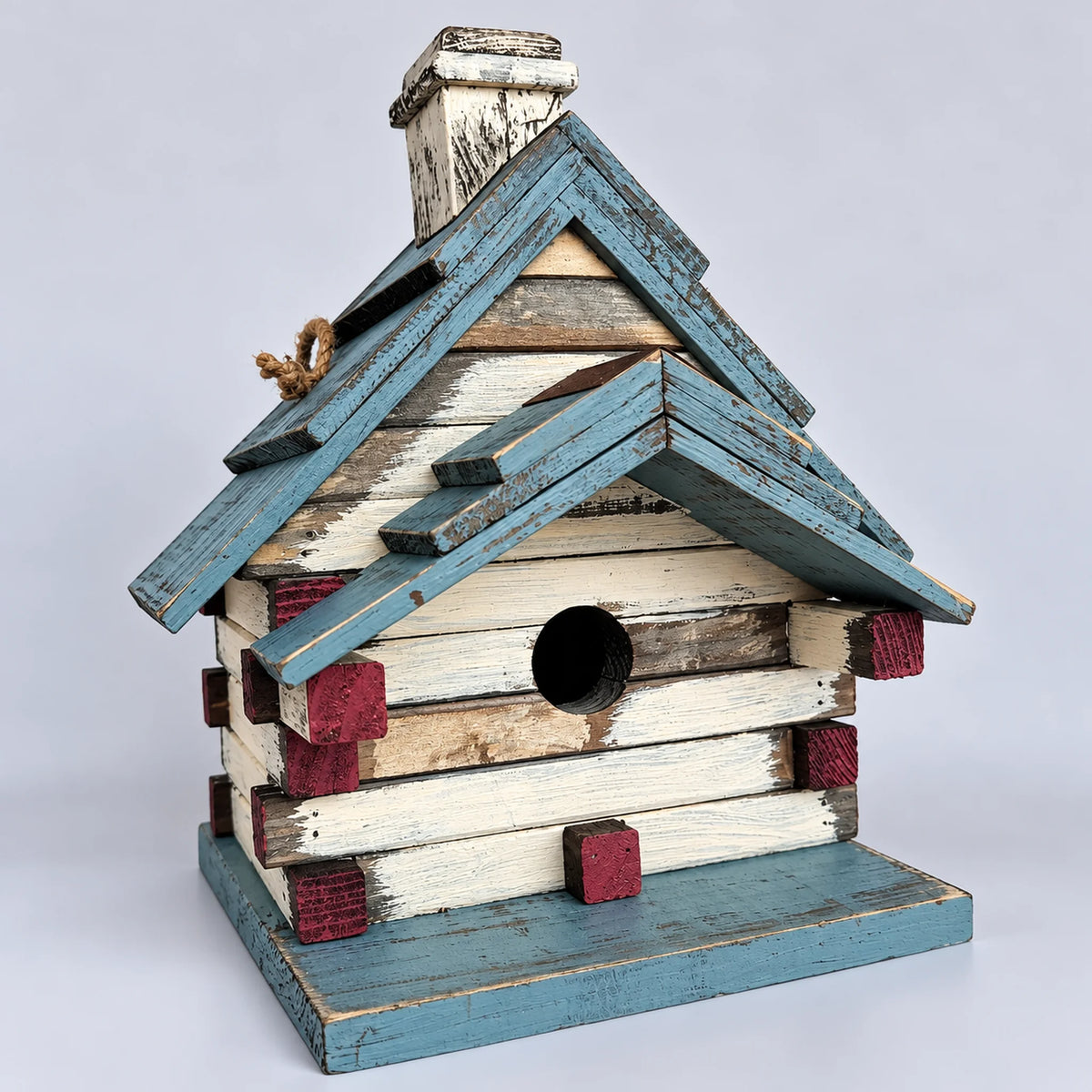 Log Cabin Wooden Birdhouse with Chimney, Cream & Blue, 31 cm