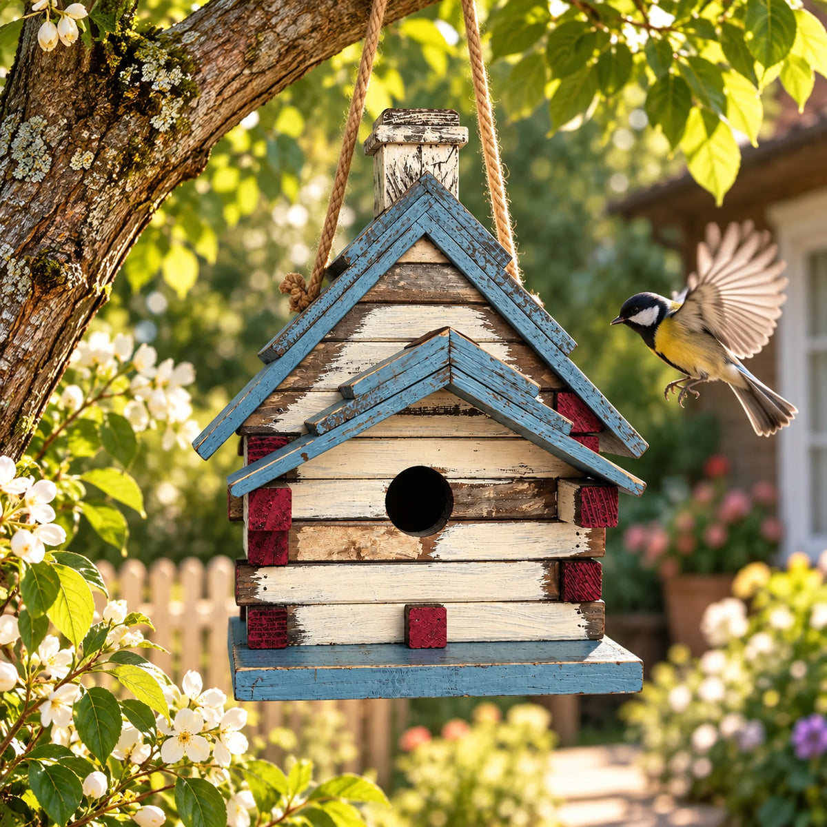Wide Birdhouse, White with Blue Roof – 12.2 in Bird House