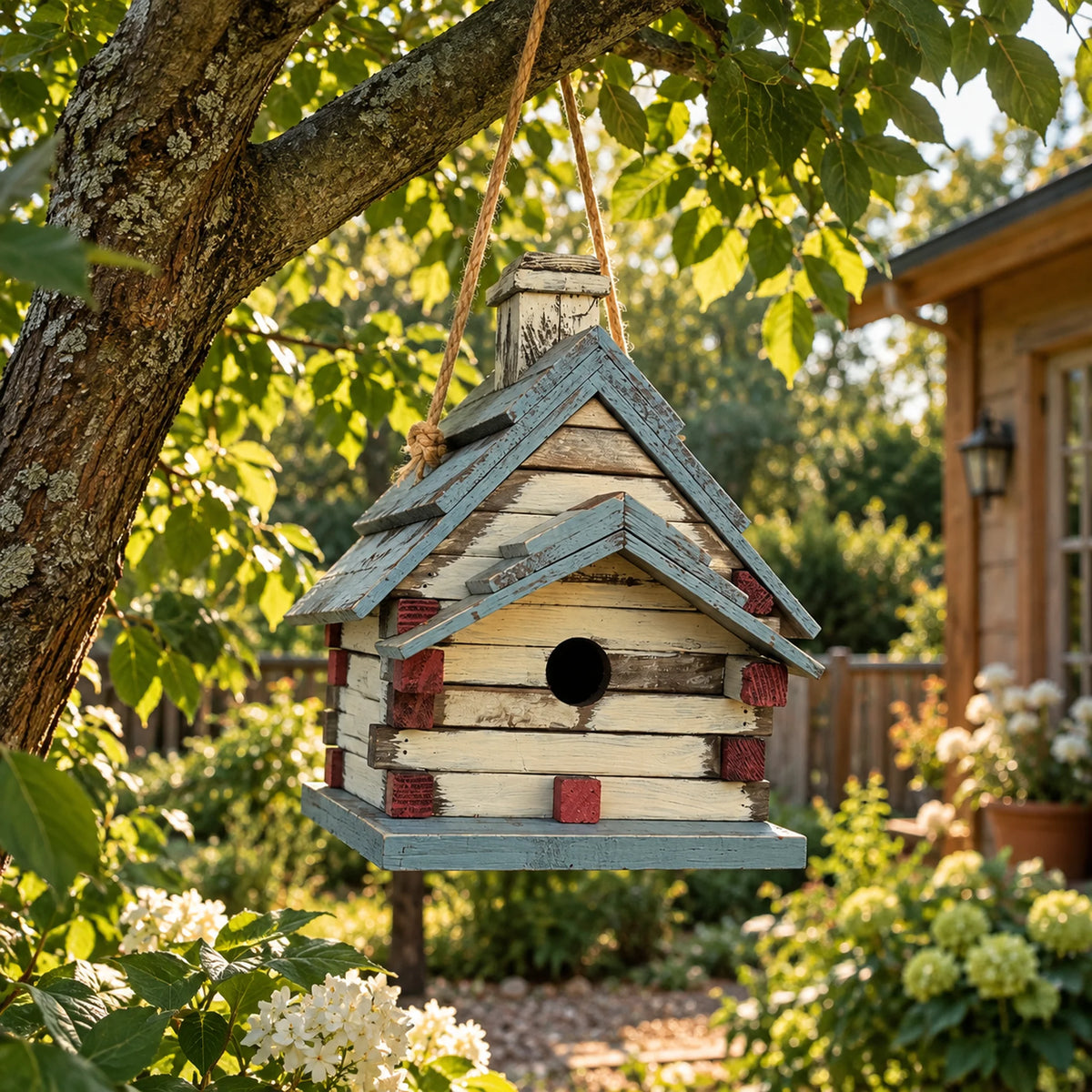 Wide Birdhouse, White with Blue Roof – 12.2 in Bird House