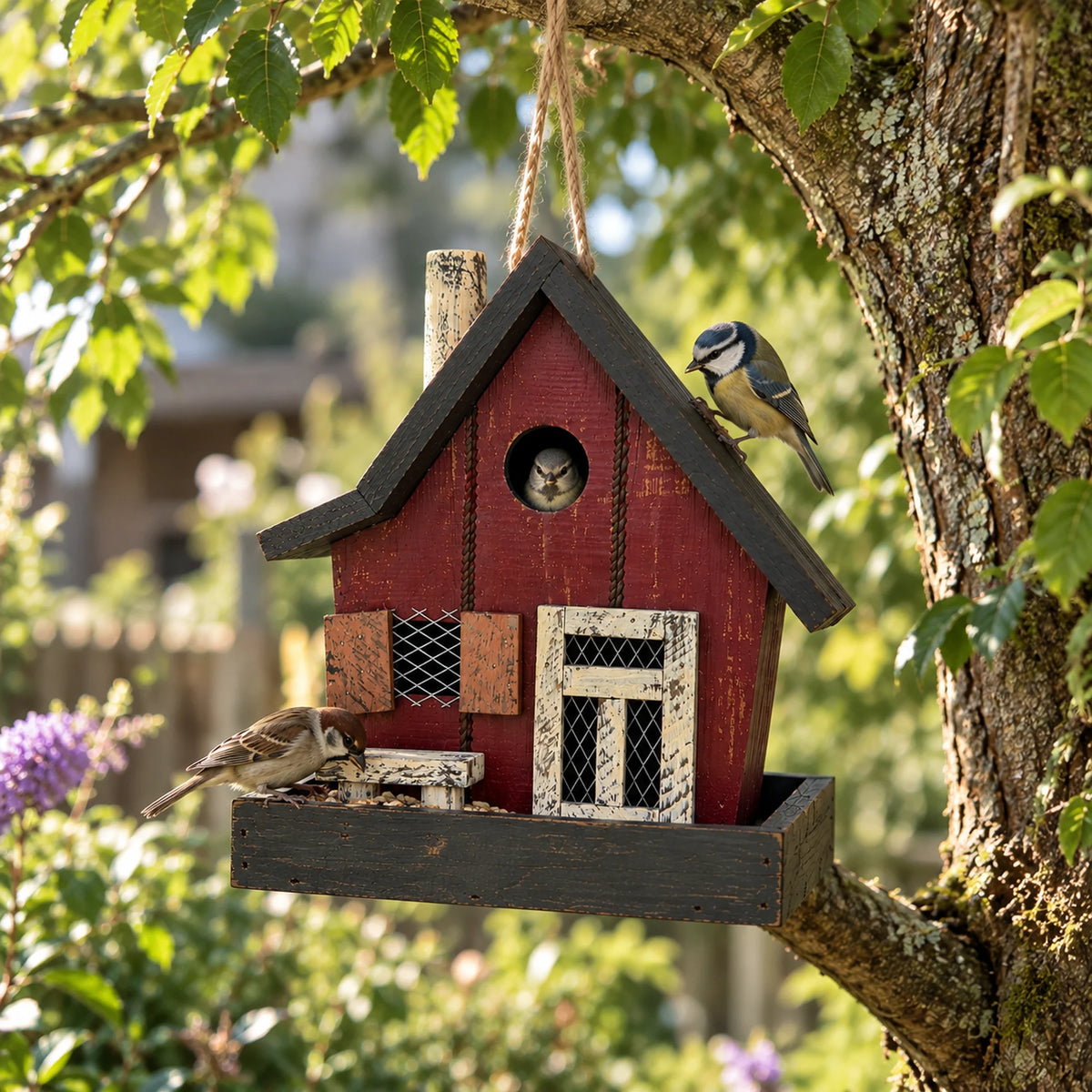 Compact Birdhouse, Red with Dark Brown Roof – 9.4 in Bird House
