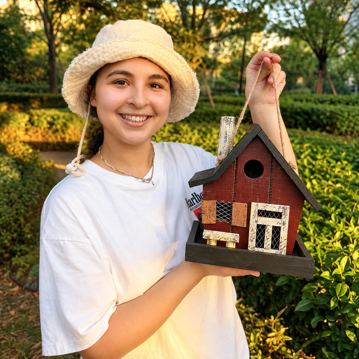 Compact Birdhouse, Red with Dark Brown Roof – 9.4 in Bird House