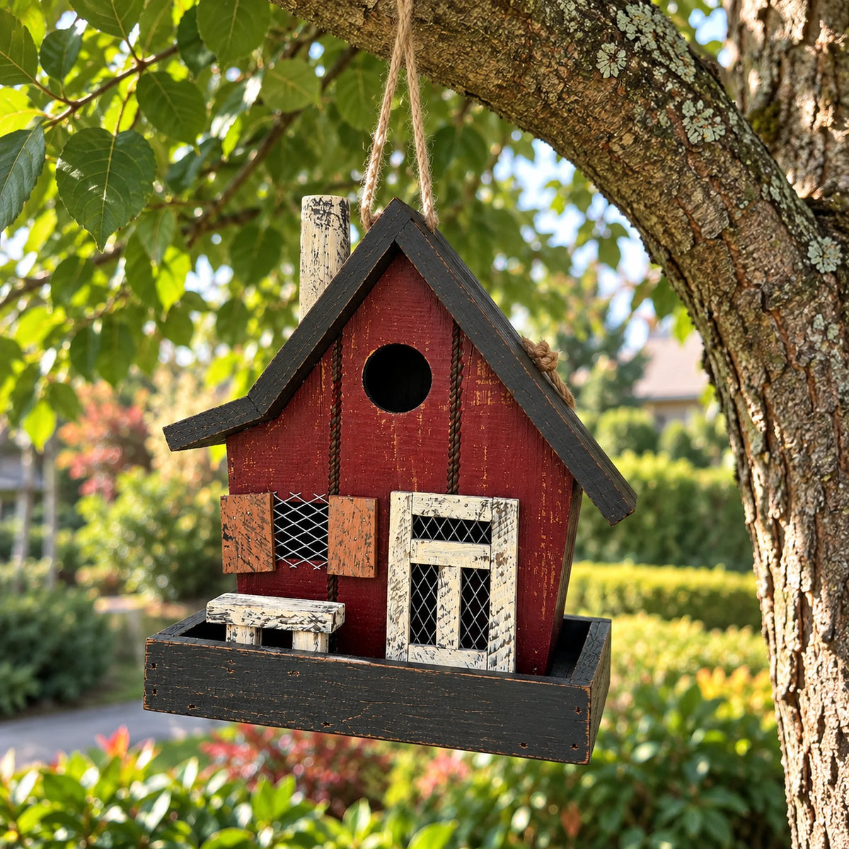 Compact Birdhouse, Red with Dark Brown Roof – 9.4 in Bird House