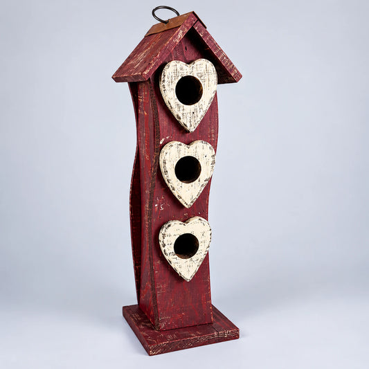 Tall Slim Wooden Birdhouse with 3 Heart Entrances, Burgundy Red, 41 cm
