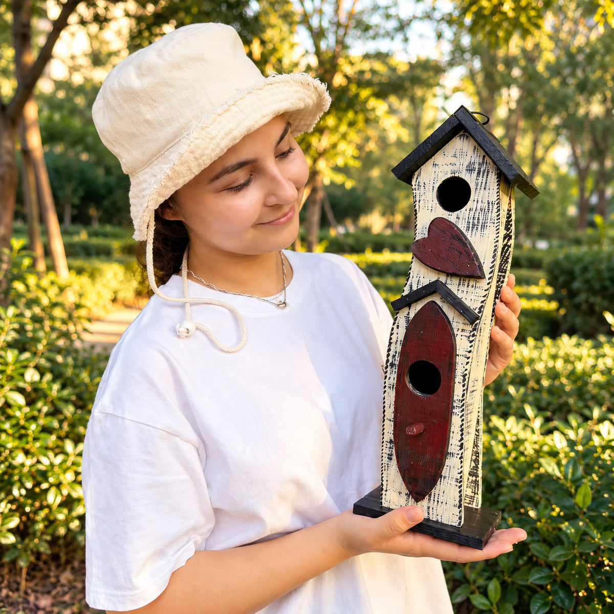 Tall Slim Birdhouse, White with Dark Brown Roof – 16.1 in