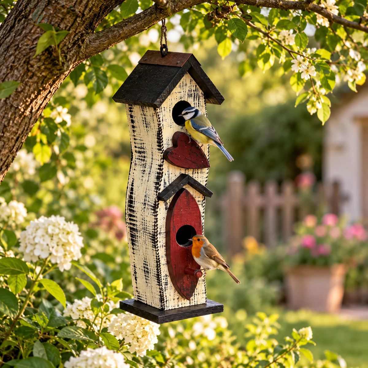 Tall Slim Birdhouse, White with Dark Brown Roof – 16.1 in