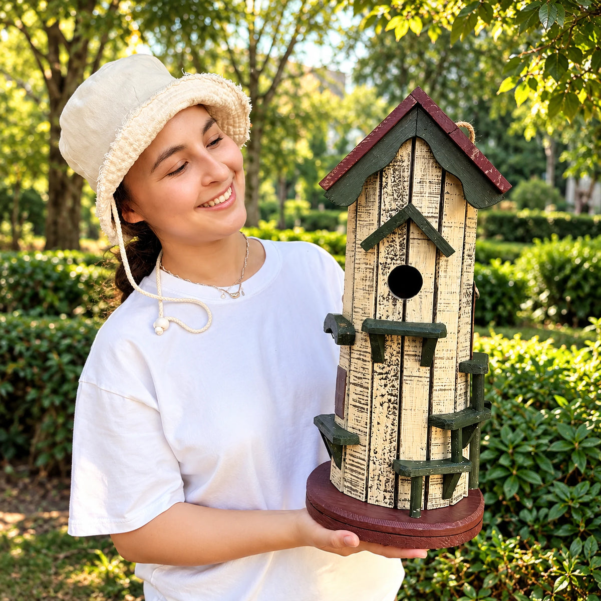 Tall Hanging Birdhouse, White with Red Roof – 20.1 in Bird House